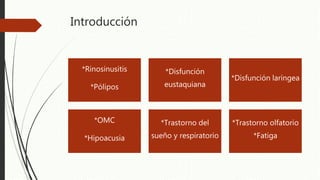 Introducción
*Rinosinusitis
*Pólipos
*Disfunción
eustaquiana
*Disfunción laríngea
*OMC
*Hipoacusia
*Trastorno del
sueño y respiratorio
*Trastorno olfatorio
*Fatiga
 