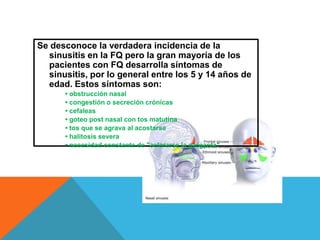 Se desconoce la verdadera incidencia de la
sinusitis en la FQ pero la gran mayoría de los
pacientes con FQ desarrolla síntomas de
sinusitis, por lo general entre los 5 y 14 años de
edad. Estos síntomas son:
• obstrucción nasal
• congestión o secreción crónicas
• cefaleas
• goteo post nasal con tos matutina
• tos que se agrava al acostarse
• halitosis severa
• necesidad constante de "aclararse la garganta"
 
