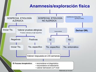 SOSPECHA ETIOLOGÍA
ALÉRGICA
SOSPECHA ETIOLOGÍA
NO ALÉRGICA
SOSPECHA ETIOLOGÍA
ESTRUCTURAL
Iniciar Tto. Valorar pruebas alérgicas
Pruebas cutáneas y/o IgE específica
Causa evidente
Derivar ORL
Negativas Positivas Sí No
Iniciar Tto. Tto. sintomáticoTto. específico Tto. específico
Valorar respuesta en 2-6 semanas
Si fracaso terapéutico: • reconsiderar el diagnóstico
• reconsiderar el tratamiento
• valorar derivación a 2º nivel
Anamnesis/exploración física
Elaborado por el autor.
 