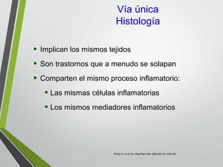 Vía única
Histología
• Implican los mismos tejidos
• Son trastornos que a menudo se solapan
• Comparten el mismo proceso inflamatorio:
• Las mismas células inflamatorias
• Los mismos mediadores inflamatorios
Phillip G, et al Curr Med Res Opin 2004;20(10):1549–58.
 