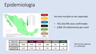Epidemiologia
Ha nivel mundial se han reportado
• 762,128,709 casos confirmados
• 6,892,741 defunciones por covid
Información publicada
en 11/04/2023
 