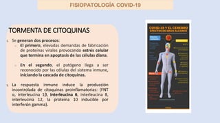 TORMENTA DE CITOQUINAS
1. Se generan dos procesos:
○ El primero, elevadas demandas de fabricación
de proteínas virales provocando estrés celular
que termina en apoptosis de las células diana.
○ En el segundo, el patógeno llega a ser
reconocido por las células del sistema inmune,
iniciando la cascada de citoquinas.
1. La respuesta inmune induce la producción
incontrolada de citoquinas proinflamatorias: (FNT
α, interleucina 1β, interleucina 6, interleucina 8,
interleucina 12, la proteína 10 inducible por
interferón gamma).
 