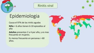 Epidemiologia
Causa el 97% de las rinitis agudas
Niño < 6 años tienen 6-10 episodios al
año
Adultos presentan 2 a 4 por año, y es mas
frecuente en mujeres.
Es menos frecuente en personas > 60
años.
 