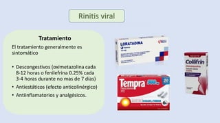 Tratamiento
El tratamiento generalmente es
sintomático
• Descongestivos (oximetazolina cada
8-12 horas o fenilefrina 0.25% cada
3-4 horas durante no mas de 7 días)
• Antiestáticos (efecto anticolinérgico)
• Antiinflamatorios y analgésicos.
 
