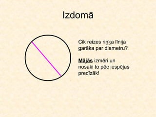 Izdomā

   Cik reizes riņķa līnija
   garāka par diametru?

   Mājās izmēri un
   nosaki to pēc iespējas
   precīzāk!
 