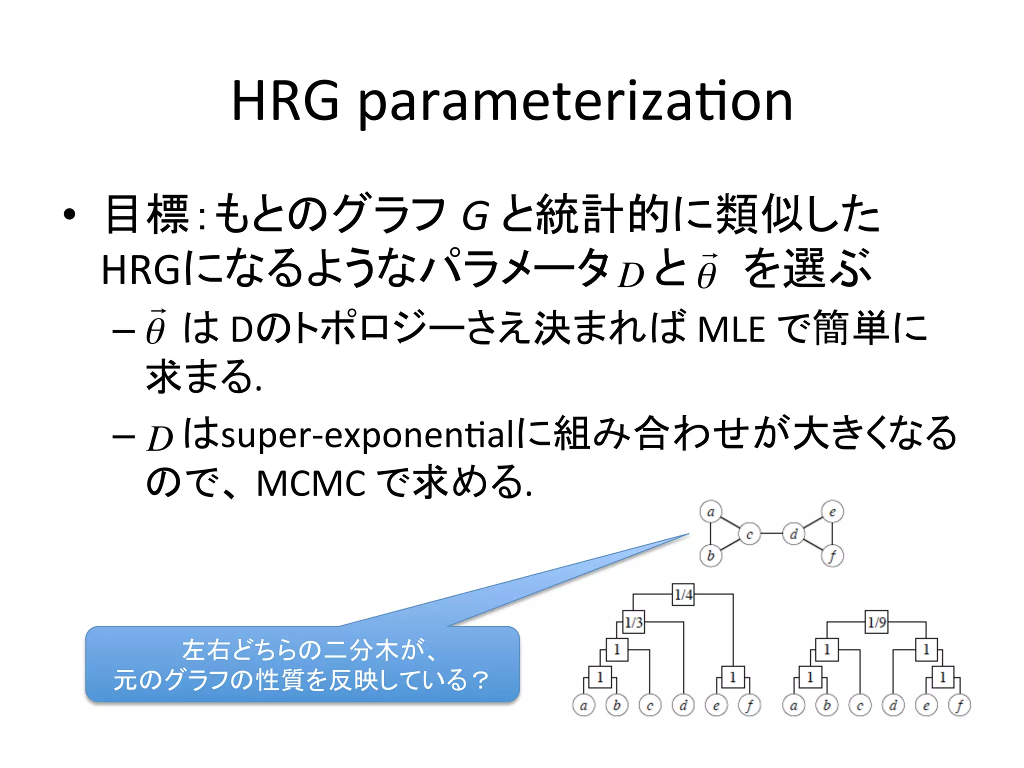 HRG	
  parameteriza-on	
  	
    •  目標：もとのグラフ G	
  と統計的に類似した
                           !
       HRGになるようなパラメータ D と ! を選ぶ	
  
           !
     –  !	
  	
  は	
  Dのトポロジーさえ決まれば	
  MLE	
  で簡単に
        	
  	
  
        求まる.	
  
     –  	
  D	
  はsuper-­‐exponen-alに組み合わせが大きくなる
            	
  	
               !
        ので、	
  MCMC	
  で求める.	
  


!
        左右どちらの二分木が、	
  
     元のグラフの性質を反映している？	
 