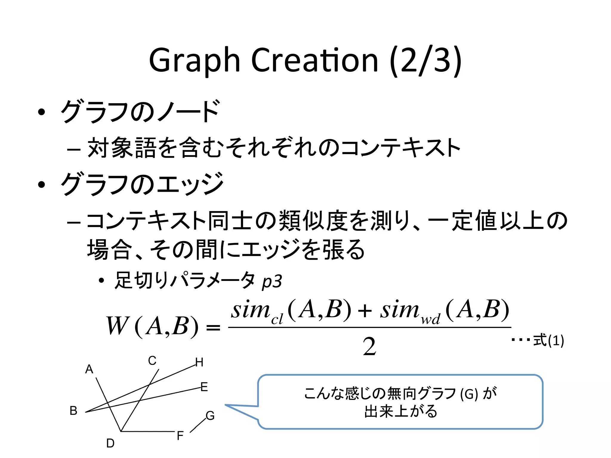 Graph	
  Crea-on	
  (2/3)	
•  グラフのノード	
  
  –  対象語を含むそれぞれのコンテキスト	
  
•  グラフのエッジ	
  
  –  コンテキスト同士の類似度を測り、一定値以上の
     場合、その間にエッジを張る	
  
    •  足切りパラメータ p3	
              simcl (A,B) + simwd (A,B)
    W (A,B) =                          ・・・式(1)	
                          2
                       こんな感じの無向グラフ	
  (G)	
  が	
  
                           出来上がる	
 