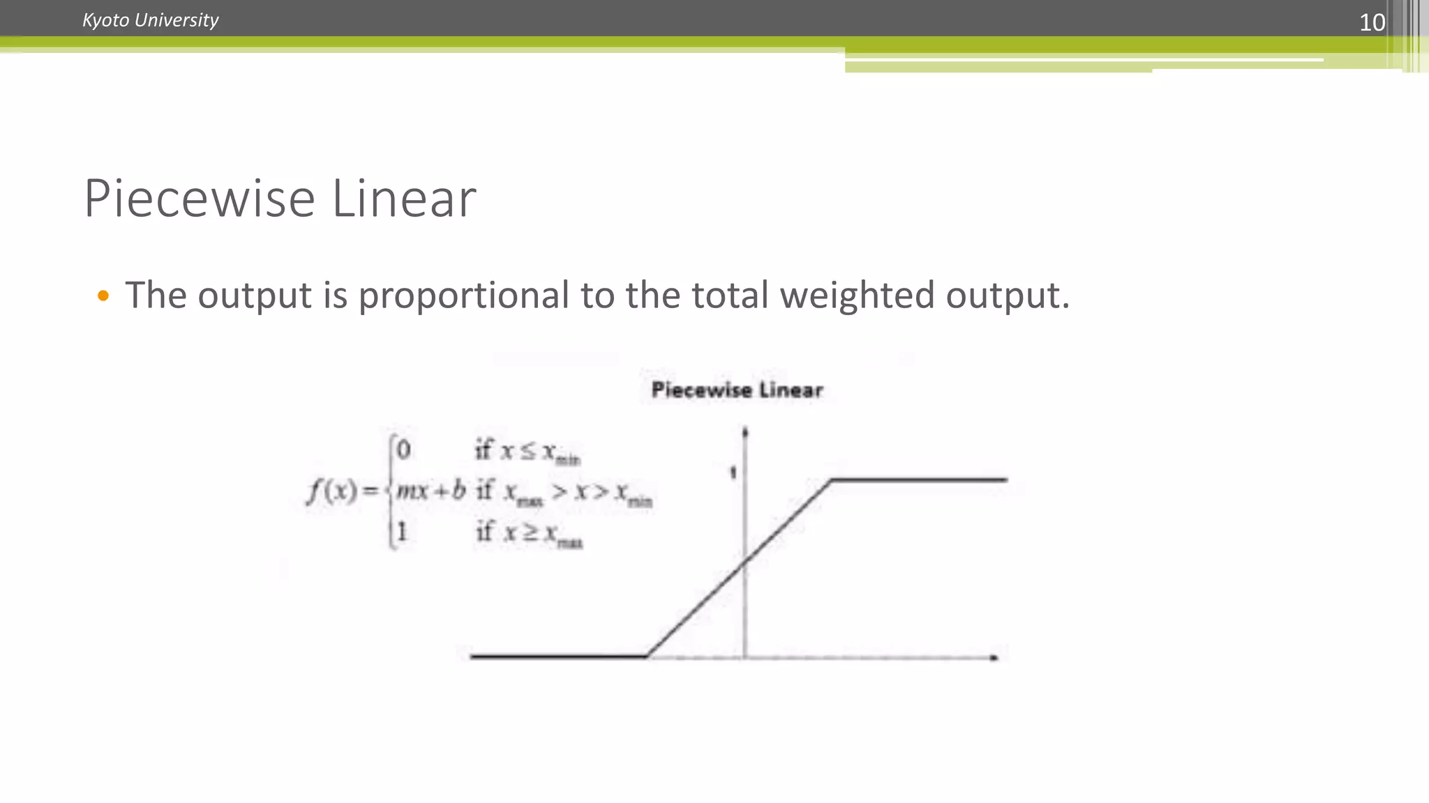 Kyoto University 10
Piecewise Linear
• The output is proportional to the total weighted output.
 