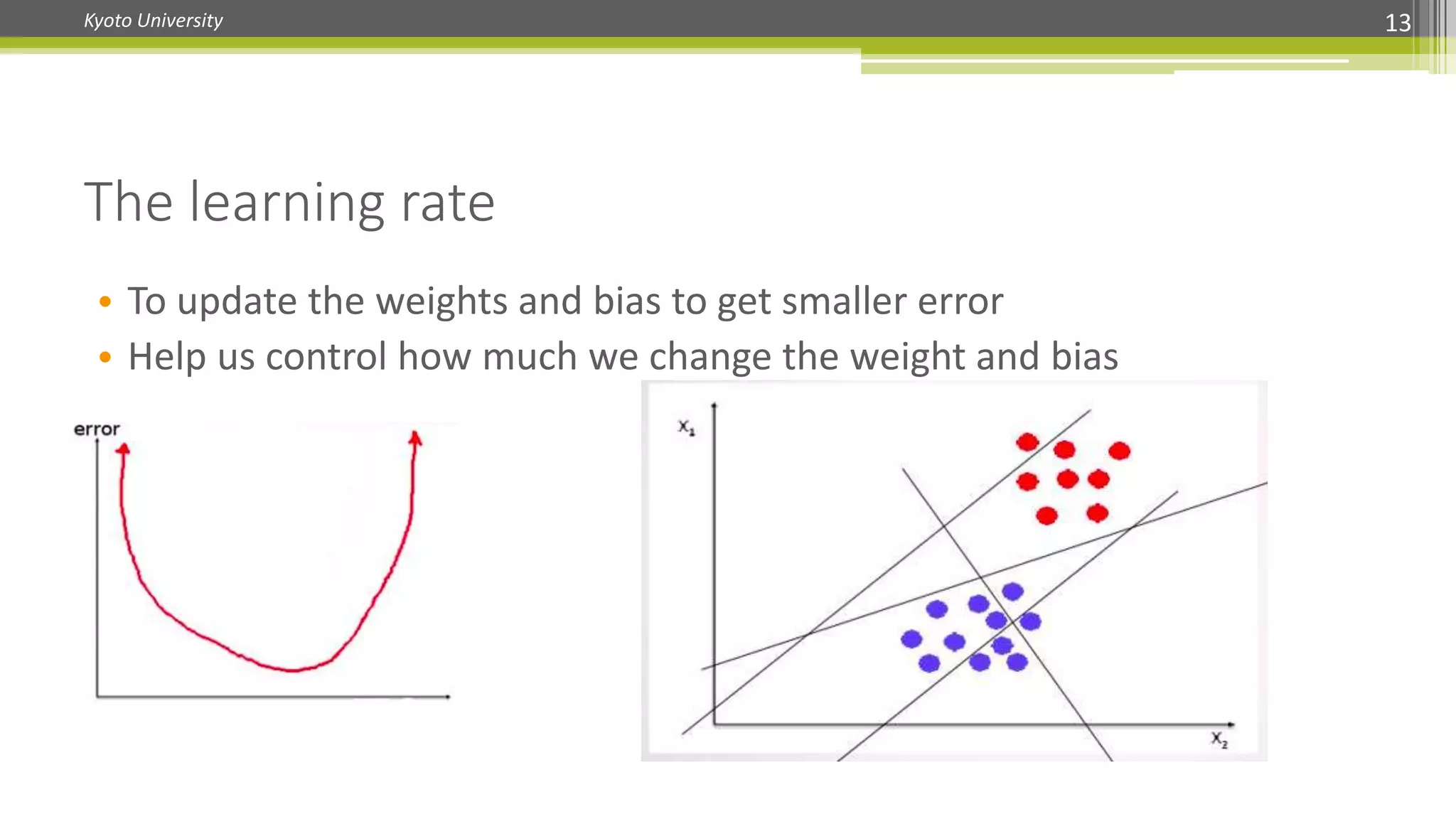 Kyoto University 13
The learning rate
• To update the weights and bias to get smaller error
• Help us control how much we change the weight and bias
 
