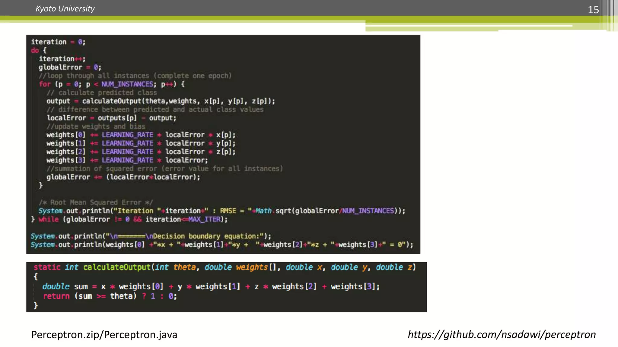Kyoto University 15
https://github.com/nsadawi/perceptronPerceptron.zip/Perceptron.java
 