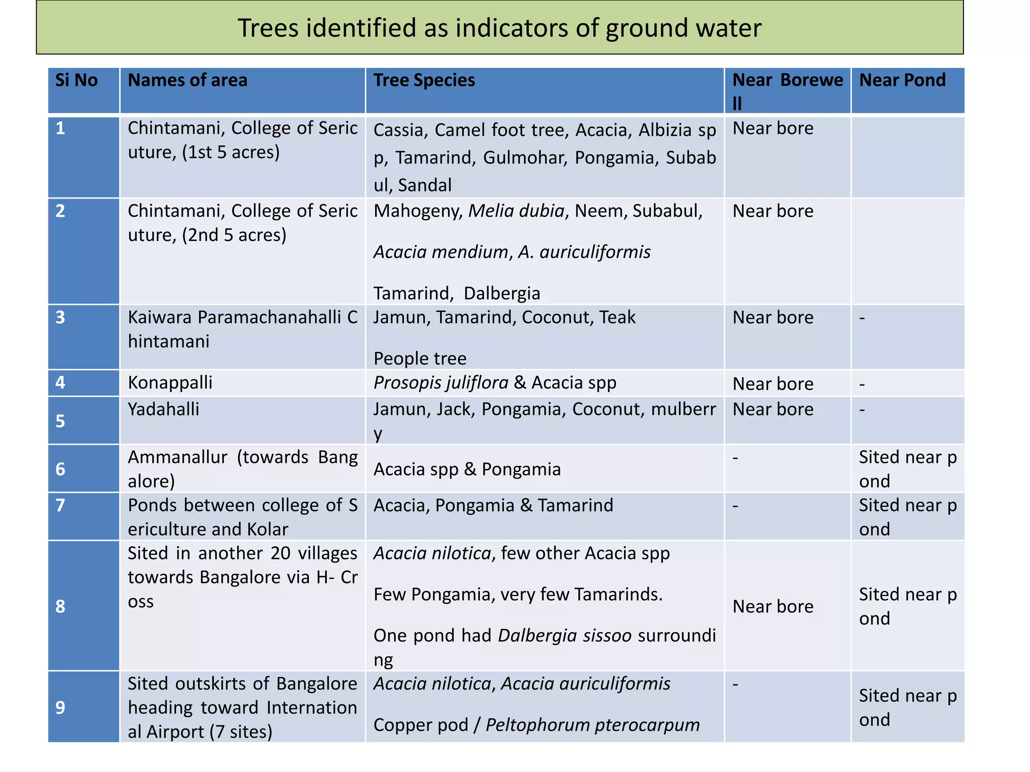 Trees identified as indicators of ground water
Si No Names of area Tree Species Near Borewe
ll
Near Pond
1 Chintamani, College of Seric
uture, (1st 5 acres)
Cassia, Camel foot tree, Acacia, Albizia sp
p, Tamarind, Gulmohar, Pongamia, Subab
ul, Sandal
Near bore
2 Chintamani, College of Seric
uture, (2nd 5 acres)
Mahogeny, Melia dubia, Neem, Subabul,
Acacia mendium, A. auriculiformis
Tamarind, Dalbergia
Near bore
3 Kaiwara Paramachanahalli C
hintamani
Jamun, Tamarind, Coconut, Teak
People tree
Near bore -
4 Konappalli Prosopis juliflora & Acacia spp Near bore -
5
Yadahalli Jamun, Jack, Pongamia, Coconut, mulberr
y
Near bore -
6
Ammanallur (towards Bang
alore)
Acacia spp & Pongamia
- Sited near p
ond
7 Ponds between college of S
ericulture and Kolar
Acacia, Pongamia & Tamarind - Sited near p
ond
8
Sited in another 20 villages
towards Bangalore via H- Cr
oss
Acacia nilotica, few other Acacia spp
Few Pongamia, very few Tamarinds.
One pond had Dalbergia sissoo surroundi
ng
Near bore
Sited near p
ond
9
Sited outskirts of Bangalore
heading toward Internation
al Airport (7 sites)
Acacia nilotica, Acacia auriculiformis
Copper pod / Peltophorum pterocarpum
-
Sited near p
ond
 