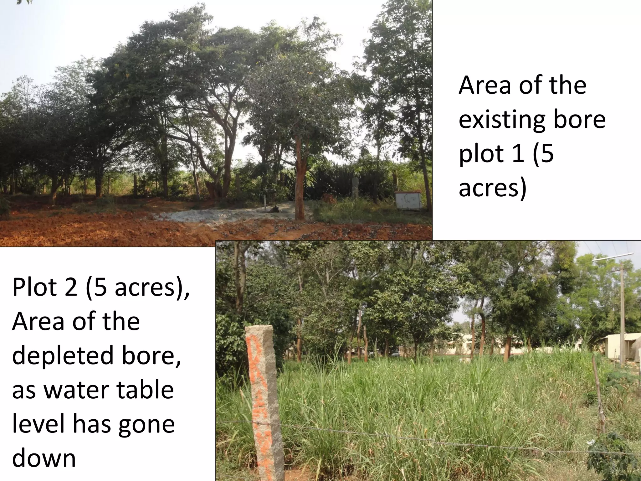 Area of the
existing bore
plot 1 (5
acres)
Plot 2 (5 acres),
Area of the
depleted bore,
as water table
level has gone
down
 