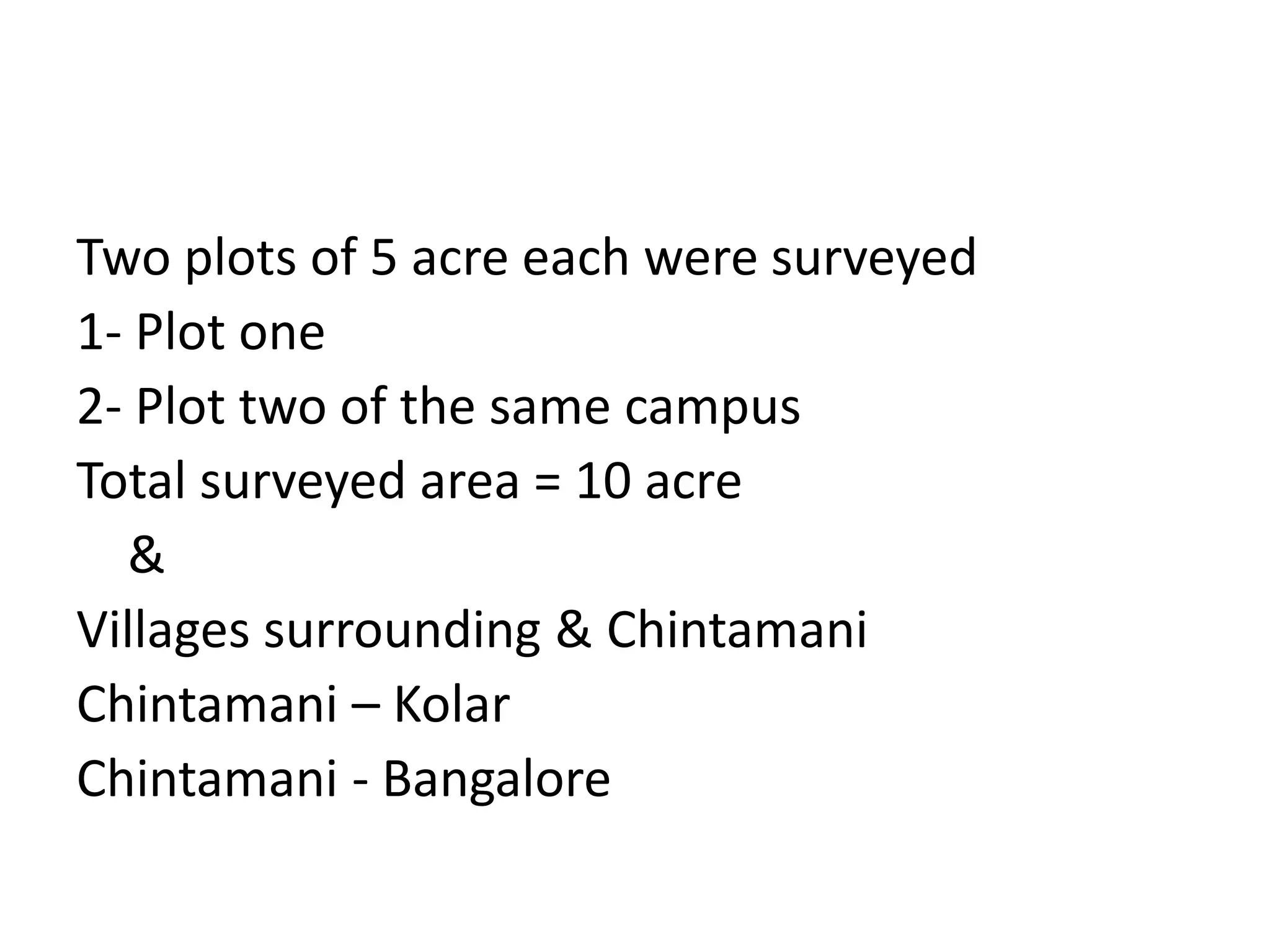 Two plots of 5 acre each were surveyed
1- Plot one
2- Plot two of the same campus
Total surveyed area = 10 acre
&
Villages surrounding & Chintamani
Chintamani – Kolar
Chintamani - Bangalore
 