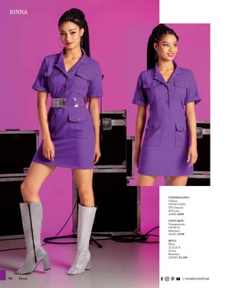 VESTIDO LINO
Violeta,
CH•M•G•EG,
55% Viscosa
45% Lino,
16059, $698
CINTURÓN
Transparente,
CH•M•G,
Sintético,
56322, $338
BOTA
Plata,
22 al 26.5,
10 cm,
Sintético,
222187, $1,148
38 Twist
 