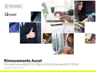 Rinnovamento Ascot
Principali funzionalità 2015, Rilasci 2016 e Roadmap 2017/2018
venerdì 4 marzo 2016
 