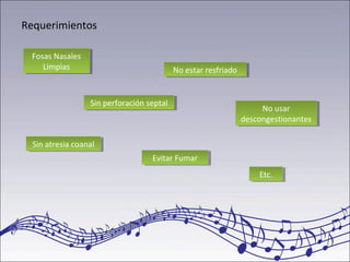 Requerimientos
Sin perforación septalSin perforación septal
Sin atresia coanalSin atresia coanal
No usar
descongestionantes
No usar
descongestionantes
Evitar FumarEvitar Fumar
Fosas Nasales
Limpias
Fosas Nasales
Limpias No estar resfriadoNo estar resfriado
Etc.Etc.
 