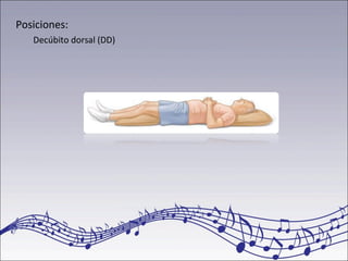 Posiciones:
Decúbito dorsal (DD)
 