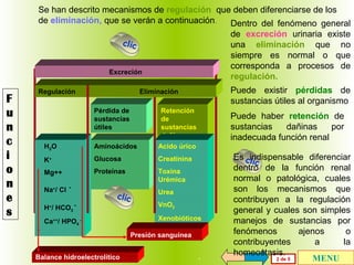 Se han descrito mecanismos de regulación que deben diferenciarse de los
de eliminación, que se verán a continuación.
Dentro del fenómeno general
de excreción urinaria existe
una eliminación que no
siempre es normal o que
corresponda a procesos de
regulación.

clic
Excreción

F
u
n
c
i
o
n
e
s

Regulación

Puede existir pérdidas de
sustancias útiles al organismo

Eliminación
Pérdida de
sustancias
útiles

Retención
de
sustancias
dañinas

H2O

Aminoácidos

Acido úrico

K+

Glucosa

Creatinina

Mg++

Proteínas

Puede haber retención de
sustancias
dañinas
por
inadecuada función renal

Toxina
Urémica

Na+/ Cl H+/ HCO3 -

clic

Ca++/ HPO4 -

Balance hidroelectrolítico

Urea
VnO2
Xenobióticos

Presión sanguínea

.

Es cli
indispensable diferenciar
c
dentro de la función renal
normal o patológica, cuales
son los mecanismos que
contribuyen a la regulación
general y cuales son simples
manejos de sustancias por
fenómenos
ajenos
o
contribuyentes
a
la
homeostasis.
2 de 5
MENU

 