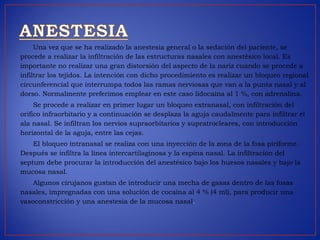Una vez que se ha realizado la anestesia general o la sedación del paciente, se
procede a realizar la infiltración de las estructuras nasales con anestésico local. Es
importante no realizar una gran distorsión del aspecto de la nariz cuando se procede a
infiltrar los tejidos. La intención con dicho procedimiento es realizar un bloqueo regional
circunferencial que interrumpa todos las ramas nerviosas que van a la punta nasal y al
dorso. Normalmente preferimos emplear en este caso lidocaína al 1 %, con adrenalina.
Se procede a realizar en primer lugar un bloqueo extranasal, con infiltración del
orifico infraorbitario y a continuación se desplaza la aguja caudalmente para infiltrar el
ala nasal. Se infiltran los nervios supraorbitarios y supratrocleares, con introducción
horizontal de la aguja, entre las cejas.
El bloqueo intranasal se realiza con una inyección de la zona de la fosa piriforme.
Después se infiltra la línea intercartilaginosa y la espina nasal. La infiltración del
septum debe procurar la introducción del anestésico bajo los huesos nasales y bajo la
mucosa nasal.
Algunos cirujanos gustan de introducir una mecha de gasas dentro de las fosas
nasales, impregnadas con una solución de cocaína al 4 % (4 ml), para producir una
vasoconstricción y una anestesia de la mucosa nasal.
 