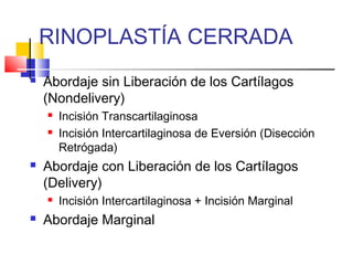 RINOPLASTÍA CERRADA 
 Abordaje sin Liberación de los Cartílagos 
(Nondelivery) 
 Incisión Transcartilaginosa 
 Incisión Intercartilaginosa de Eversión (Disección 
Retrógada) 
 Abordaje con Liberación de los Cartílagos 
(Delivery) 
 Incisión Intercartilaginosa + Incisión Marginal 
 Abordaje Marginal 
 