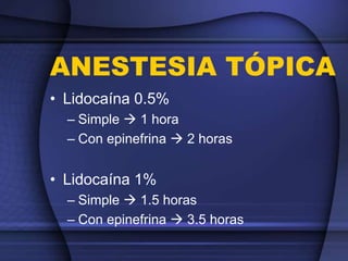 ANESTESIA TÓPICA
• Lidocaína 0.5%
– Simple  1 hora
– Con epinefrina  2 horas
• Lidocaína 1%
– Simple  1.5 horas
– Con epinefrina  3.5 horas
 