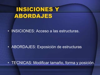 INSICIONES Y
ABORDAJES
• INSICIONES: Acceso a las estructuras.
• ABORDAJES: Exposición de estructuras
• TECNICAS: Modificar tamaño, forma y posición.
 