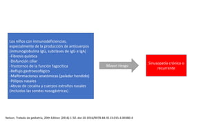 Los niños con inmunodeficiencias,
especialmente de la producción de anticuerpos
(inmunoglobulina IgG, subclases de IgG e IgA)
-Fibrosis quística
-Disfunción ciliar
-Trastornos de la función fagocítica
-Reflujo gastroesofágico
-Malformaciones anatómicas (paladar hendido)
-Pólipos nasales
-Abuso de cocaína y cuerpos extraños nasales
(incluidas las sondas nasogástricas)
Mayor riesgo
Sinusopatía crónica o
recurrente
Nelson. Tratado de pediatría, 20th Edition (2016) 1-50. doi:10.1016/B978-84-9113-015-4.00380-4
 