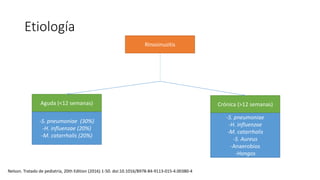 Etiología
Rinosinusitis
Aguda (<12 semanas) Crónica (>12 semanas)
-S. pneumoniae (30%)
-H. influenzae (20%)
-M. catarrhalis (20%)
-S. pneumoniae
-H. influenzae
-M. catarrhalis
-S. Aureus
-Anaerobios
-Hongos
Nelson. Tratado de pediatría, 20th Edition (2016) 1-50. doi:10.1016/B978-84-9113-015-4.00380-4
 
