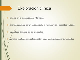 Exploración clínica
 eritema en la mucosa nasal y faríngea
 rinorrea purulenta de un color amarillo a verdoso y de viscosidad variable.
 hiperplasia linfoidea de las amígdalas
 ganglios linfáticos cervicales pueden estar moderadamente aumentados
 
