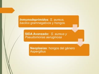 Inmunodeprimidos: S. aureus,
bacilos gramnegativos y hongos
SIDA Avanzado: S. aureus y
Pseudomonas aeruginosa
Neoplasias: hongos del género
Aspergillus
 