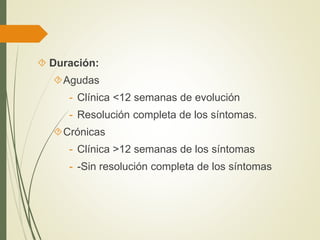  Duración:
Agudas
- Clínica <12 semanas de evolución
- Resolución completa de los síntomas.
Crónicas
- Clínica >12 semanas de los síntomas
- -Sin resolución completa de los síntomas
 