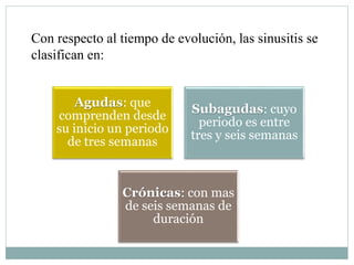 Agudas: que
comprenden desde
su inicio un periodo
de tres semanas
Subagudas: cuyo
periodo es entre
tres y seis semanas
Crónicas: con mas
de seis semanas de
duración
Con respecto al tiempo de evolución, las sinusitis se
clasifican en:
 