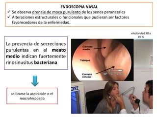 ENDOSCOPIA NASAL
 Se observa drenaje de moco purulento de los senos paranasales
 Alteraciones estructurales o funcionales que pudieran ser factores
favorecedores de la enfermedad.
La presencia de secreciones
purulentas en el meato
medio indican fuertemente
rinosinusitus bacteriana
utilizarse la aspiración o el
mocrohisopado
efectividad 80 a
85 %
 