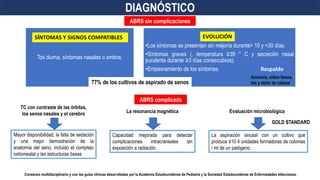 DIAGNÓSTICO
ABRS sin complicaciones
ABRS complicada
Tos diurna, síntomas nasales o ambos.
•Los síntomas se presentan sin mejoría durante> 10 y <30 días.
•Síntomas graves (, temperatura ≥39 ° C y secreción nasal
purulenta durante ≥3 días consecutivos).
•Empeoramiento de los síntomas.
EVOLUCIÓN
SÍNTOMAS Y SIGNOS COMPATIBLES
Consenso multidisciplinario y con las guías clínicas desarrolladas por la Academia Estadounidense de Pediatría y la Sociedad Estadounidense de Enfermedades Infecciosas.
77% de los cultivos de aspirado de senos
Mayor disponibilidad, la falta de sedación
y una mejor demostración de la
anatomía del seno, incluido el complejo
ostiomeatal y las estructuras óseas
TC con contraste de las órbitas,
los senos nasales y el cerebro La resonancia magnética
Capacidad mejorada para detectar
complicaciones intracraneales sin
exposición a radiación.
La aspiración sinusal con un cultivo que
produce ≥10 4 unidades formadoras de colonias
/ ml de un patógeno.
Evaluación microbiológica
GOLD STANDARD
Anosmia, oídos llenos,
tos y dolor de cabeza
Respaldo
 