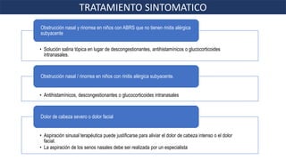 TRATAMIENTO SINTOMATICO
• Solución salina tópica en lugar de descongestionantes, antihistamínicos o glucocorticoides
intranasales.
Obstrucción nasal y rinorrea en niños con ABRS que no tienen rinitis alérgica
subyacente
• Antihistamínicos, descongestionantes o glucocorticoides intranasales
Obstrucción nasal / rinorrea en niños con rinitis alérgica subyacente.
• Aspiración sinusal terapéutica puede justificarse para aliviar el dolor de cabeza intenso o el dolor
facial.
• La aspiración de los senos nasales debe ser realizada por un especialista
Dolor de cabeza severo o dolor facial
 