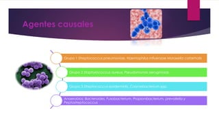 Agentes causales
Grupo 1 Streptococcus pneumoniae, Haemophilus influenzae Moraxella catarrhalis
Grupo 2 Staphylococcus aureus, Pseudomonas aeruginosas
Grupo 3 Streptococcus epidermidis, Corynebacterium spp,
Anaerobios: Bacteroides, Fusobacterium, Propionibacterium, prevallella y
Peptostreptococcus
 