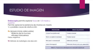 ESTUDIO DE IMAGEN
Endoscopia permite explorar fosas en 1/3 medio y
superior.
Permite apreciar la existencia de rinorrea en meato
½ y posibles causa de obstrucción
Rx (proyecciones adecuadas)
Edema de la mucosa
Niveles hidroaéreos
Falsos negativos
TC Método dx radiológico de elección
 