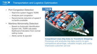 • Port Congestion Detection
– Real time system triggers TERR
– Analyzes port congestion
– Recommends reduction of speed if
no berths available
• Maritime Abnormality Detection
– Based on Automatic Identification
System info, TERR calculates
likelihood of deviation from normal
sailing routes
– Alerts carrier & operator
Transportation and Logistics Optimization
 