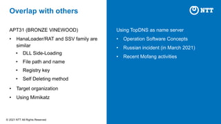 © NTT All Rights Reserved
2021
Overlap with others
APT31 (BRONZE VINEWOOD)
• HanaLoader/RAT and SSV family are
similar
• DLL Side-Loading
• File path and name
• Registry key
• Self Deleting method
• Target organization
• Using Mimikatz
Using TopDNS as name server
• Operation Software Concepts
• Russian incident (in March 2021)
• Recent Mofang activities
 