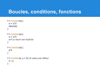 Boucles, conditions, fonctions
f <- function(x) {
x <- x^2
return(x)
}
f <- function(x) {
x <- x^2
x # Le return est implicite
}
f <- function(x) {
x^2
}
f <- function(x, y = 0) { # valeur par défaut
x + y
}
 