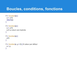 Boucles, conditions, fonctions
f <- function(x) {
x <- x^2
return(x)
}
f <- function(x) {
x <- x^2
x # Le return est impli...