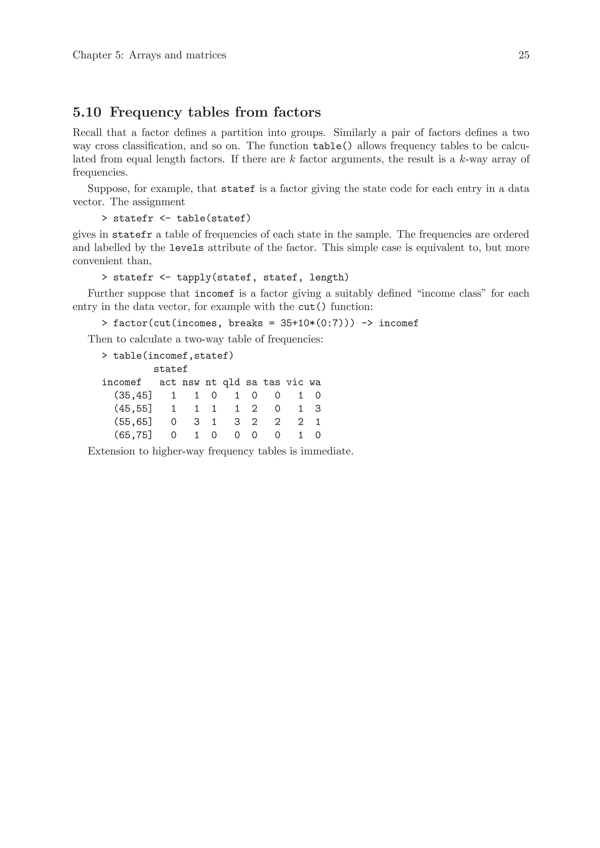 Chapter 5: Arrays and matrices                                                               25




5.10 Frequency tables from factors
Recall that a factor defines a partition into groups. Similarly a pair of factors defines a two
way cross classification, and so on. The function table() allows frequency tables to be calcu-
lated from equal length factors. If there are k factor arguments, the result is a k-way array of
frequencies.
   Suppose, for example, that statef is a factor giving the state code for each entry in a data
vector. The assignment
       > statefr <- table(statef)
gives in statefr a table of frequencies of each state in the sample. The frequencies are ordered
and labelled by the levels attribute of the factor. This simple case is equivalent to, but more
convenient than,
       > statefr <- tapply(statef, statef, length)
   Further suppose that incomef is a factor giving a suitably defined “income class” for each
entry in the data vector, for example with the cut() function:
       > factor(cut(incomes, breaks = 35+10*(0:7))) -> incomef
   Then to calculate a two-way table of frequencies:
       > table(incomef,statef)
                  statef
       incomef     act nsw nt qld sa tas vic wa
         (35,45]      1    1 0    1 0      0    1 0
         (45,55]      1    1 1    1 2      0    1 3
         (55,65]      0    3 1    3 2      2    2 1
         (65,75]      0    1 0    0 0      0    1 0
   Extension to higher-way frequency tables is immediate.
 