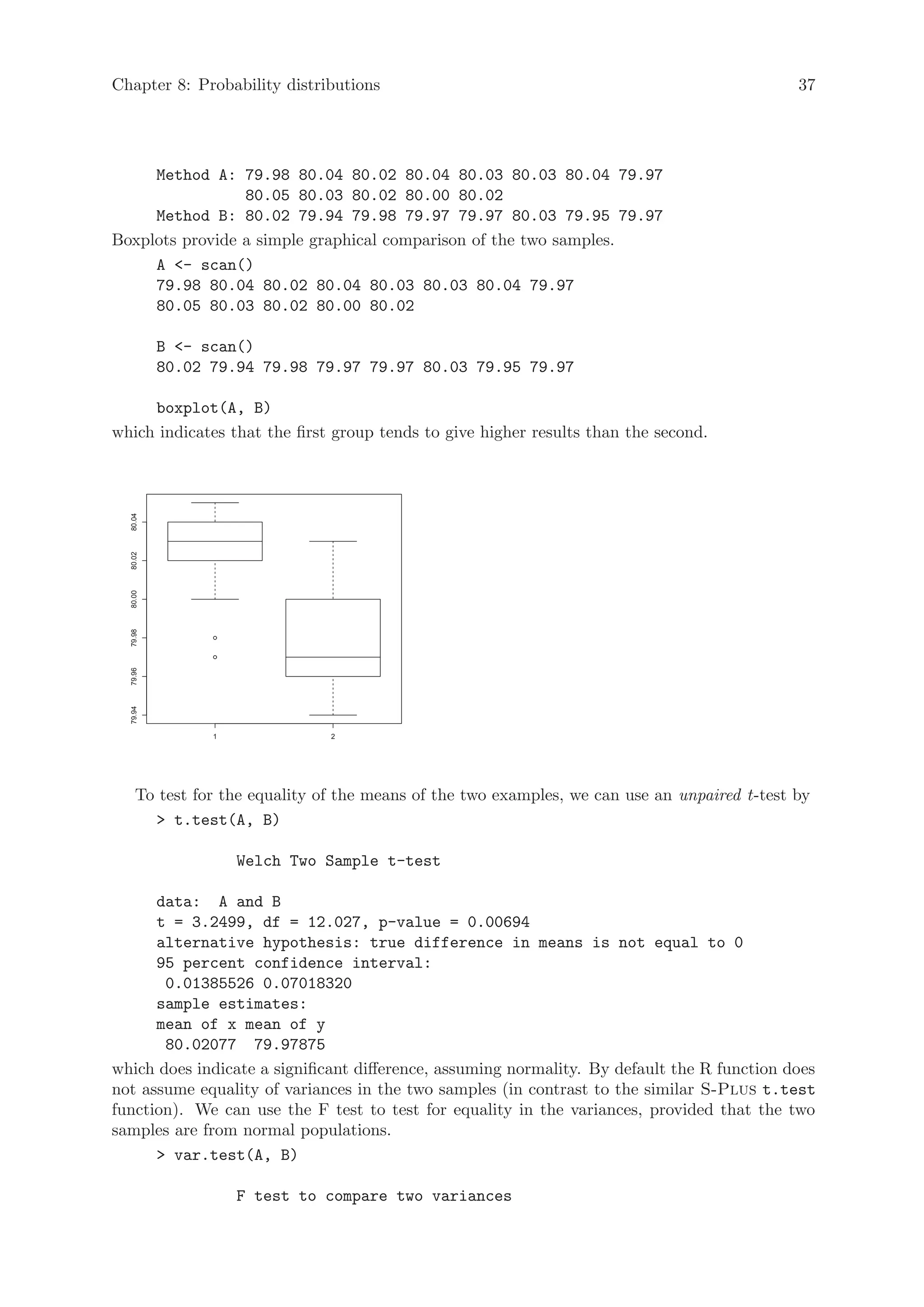 Chapter 8: Probability distributions                                                         37




     Method A: 79.98 80.04 80.02 80.04 80.03 80.03 80.04 79.97
                 80.05 80.03 80.02 80.00 80.02
     Method B: 80.02 79.94 79.98 79.97 79.97 80.03 79.95 79.97
Boxplots provide a simple graphical comparison of the two samples.
     A - scan()
     79.98 80.04 80.02 80.04 80.03 80.03 80.04 79.97
     80.05 80.03 80.02 80.00 80.02

          B - scan()
          80.02 79.94 79.98 79.97 79.97 80.03 79.95 79.97

     boxplot(A, B)
which indicates that the first group tends to give higher results than the second.
  80.04
  80.02
  80.00
  79.98
  79.96
  79.94




                1             2




    To test for the equality of the means of the two examples, we can use an unpaired t-test by
       t.test(A, B)

                    Welch Two Sample t-test

      data: A and B
      t = 3.2499, df = 12.027, p-value = 0.00694
      alternative hypothesis: true difference in means is not equal to 0
      95 percent confidence interval:
       0.01385526 0.07018320
      sample estimates:
      mean of x mean of y
       80.02077 79.97875
which does indicate a significant difference, assuming normality. By default the R function does
not assume equality of variances in the two samples (in contrast to the similar S-Plus t.test
function). We can use the F test to test for equality in the variances, provided that the two
samples are from normal populations.
       var.test(A, B)

                    F test to compare two variances
 