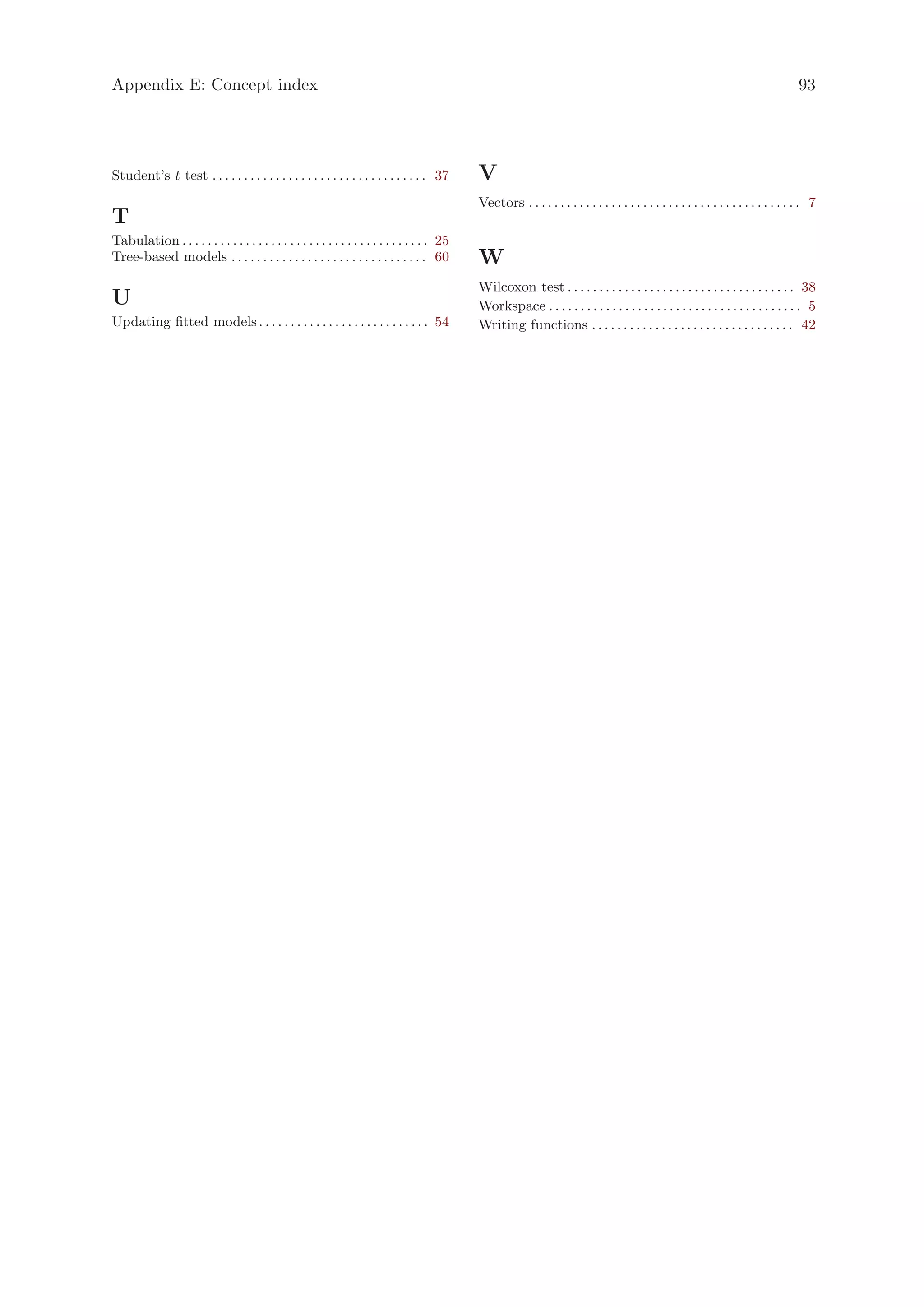 Appendix E: Concept index                                                                                                                                                               93




Student’s t test . . . . . . . . . . . . . . . . . . . . . . . . . . . . . . . . . . 37       V
                                                                                              Vectors . . . . . . . . . . . . . . . . . . . . . . . . . . . . . . . . . . . . . . . . . . . 7
T
Tabulation . . . . . . . . . . . . . . . . . . . . . . . . . . . . . . . . . . . . . . . 25
Tree-based models . . . . . . . . . . . . . . . . . . . . . . . . . . . . . . . 60            W
                                                                                              Wilcoxon test . . . . . . . . . . . . . . . . . . . . . . . . . . . . . . . . . . . . 38
U                                                                                             Workspace . . . . . . . . . . . . . . . . . . . . . . . . . . . . . . . . . . . . . . . . 5
Updating fitted models . . . . . . . . . . . . . . . . . . . . . . . . . . . 54               Writing functions . . . . . . . . . . . . . . . . . . . . . . . . . . . . . . . . 42
 
