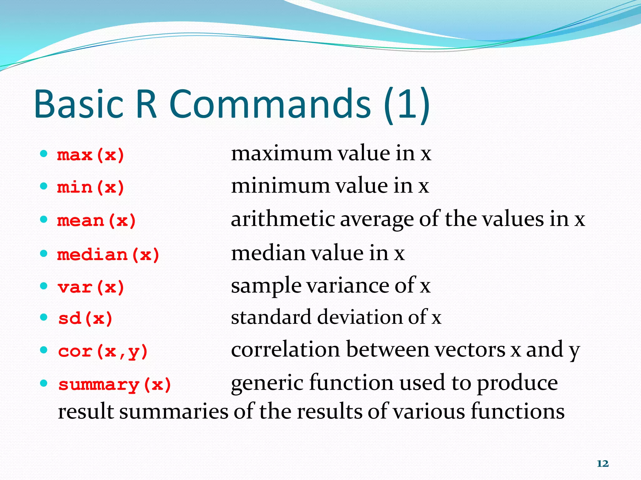 Importing Data into R (2)  In order to refer to a vector by name with an R session, you need to attach the dataframe containing the vector. Alternatively, you can refer to the dataframe name and the vector name within it, using the element name operator $ like this: mtcars$mpg ?mtcars attach(mtcars) mpg 12 