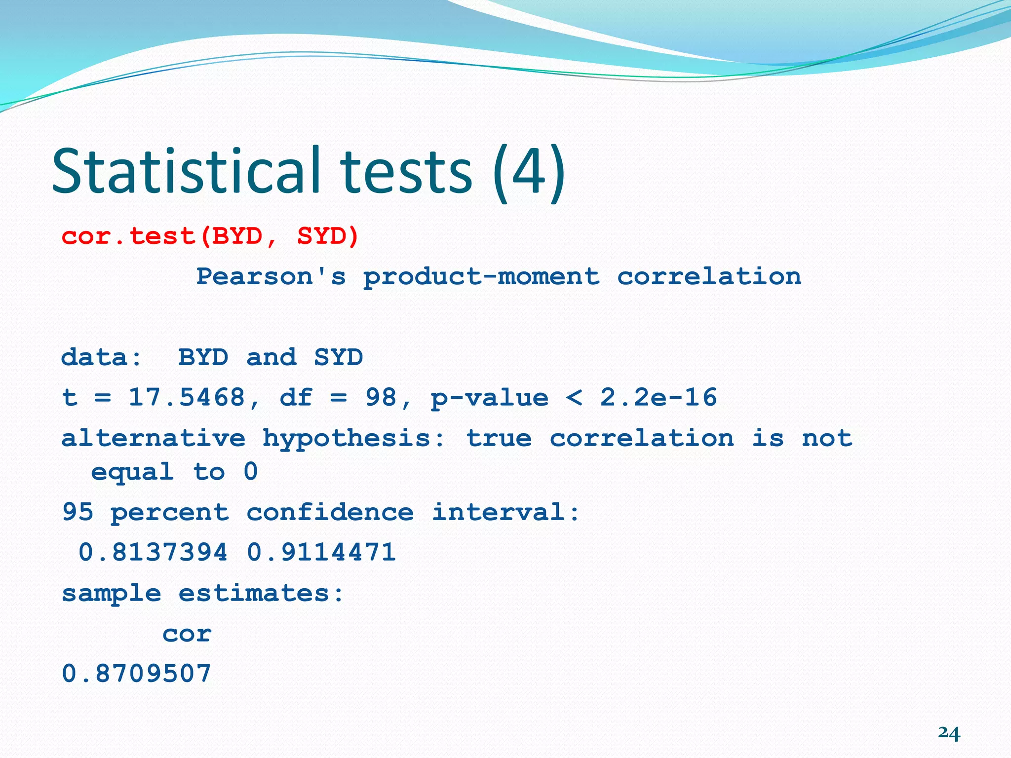 Data Visualization (3)  Gives a scatter plot if x is continuous, and a box-and- whisker plot if x is a factor. Some people prefer the alternative syntax plot(y~x): attach(mtcars) plot(wt, mpg) plot(cyl, mpg) cyl <- factor(cyl) plot(cyl, mpg) 24 