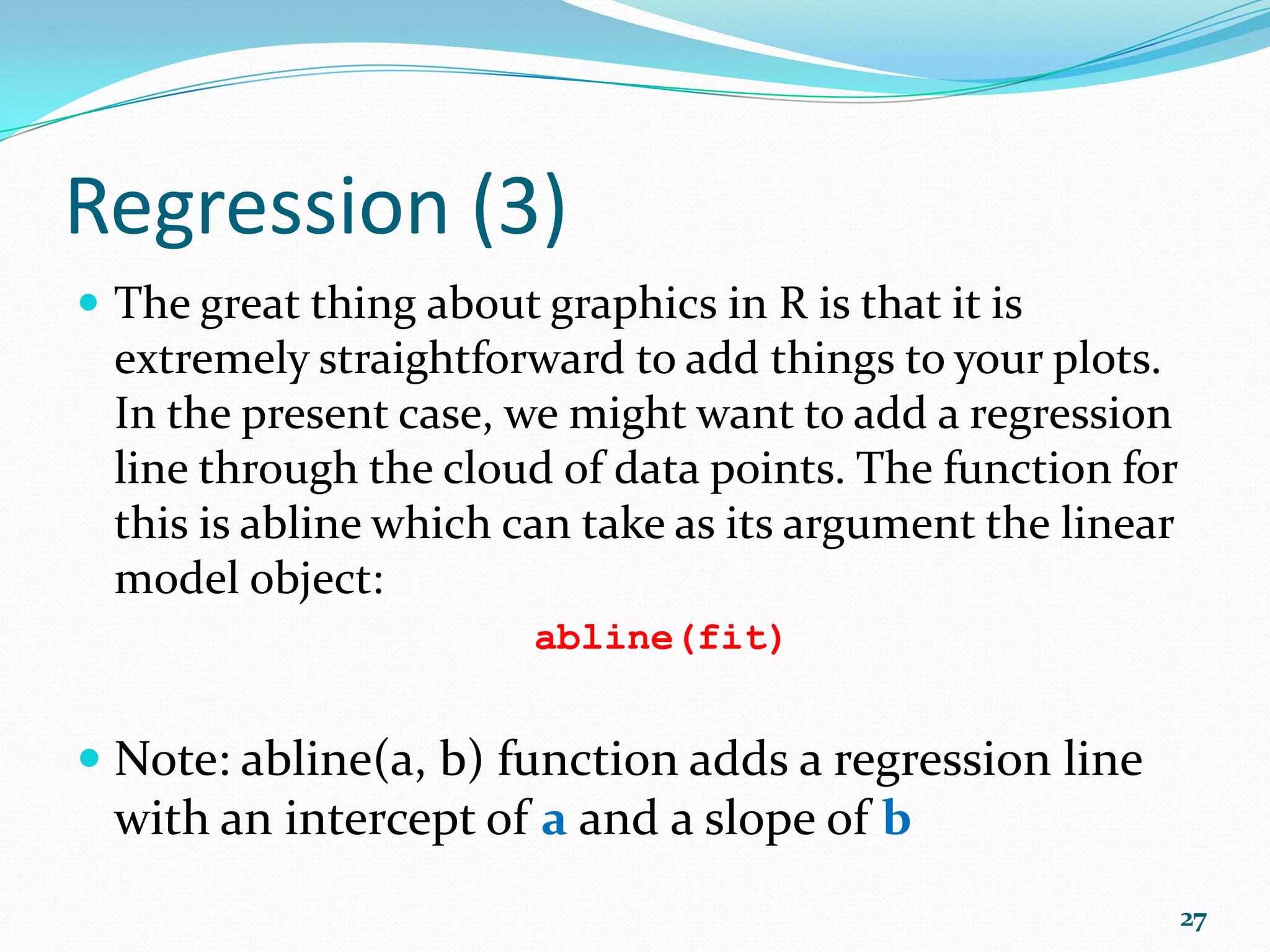 Data Visualization (6)  boxplot(qsec, col="gray")  boxplot(qsec, mpg, col="gray") 27 
