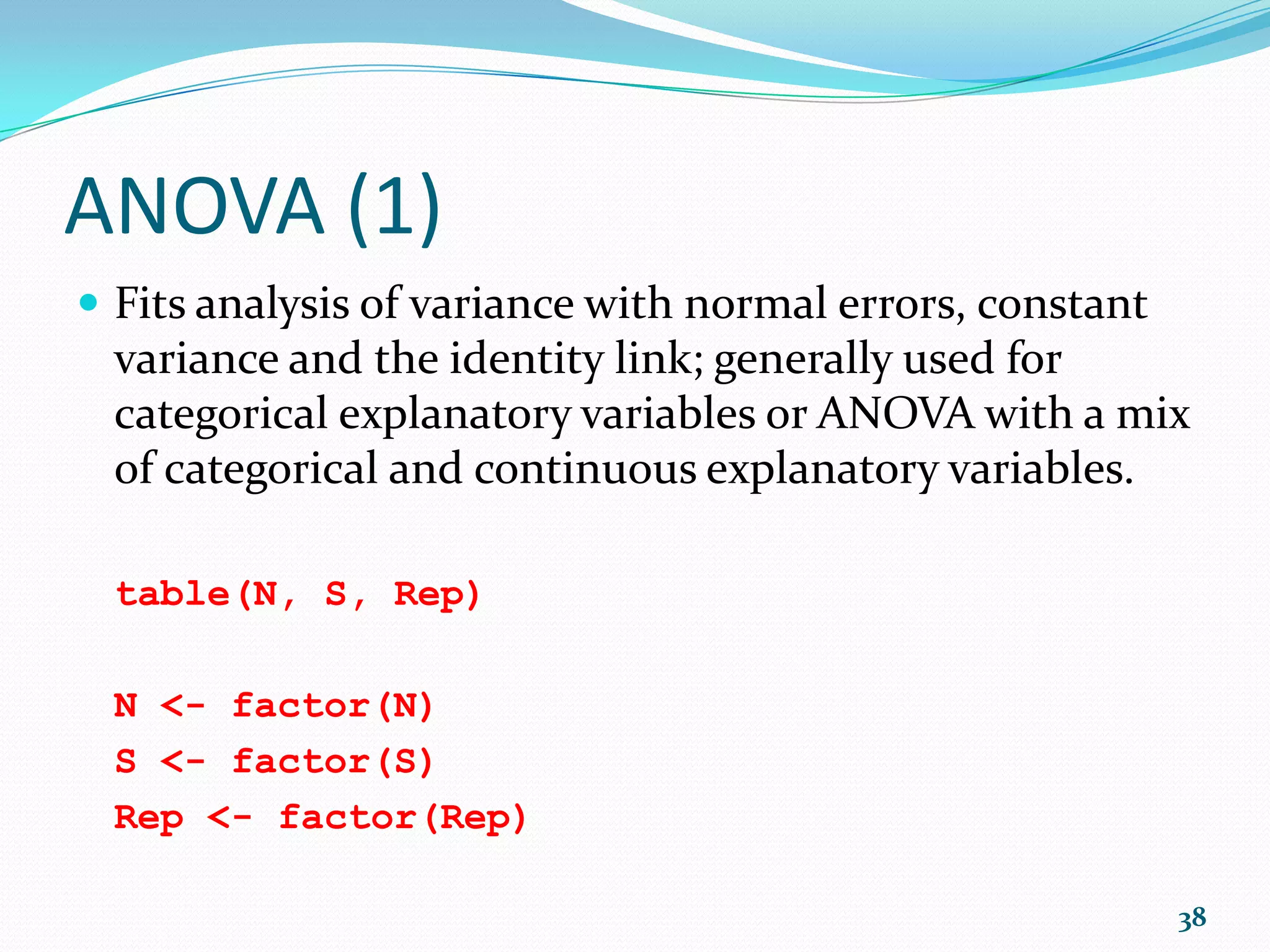 Correlation and Regression (9)  Predict is a generic built-in function for predictions from the results of various model fitting functions: predict(fit, list(wt = 4.5)) [1] 13.23500 38 