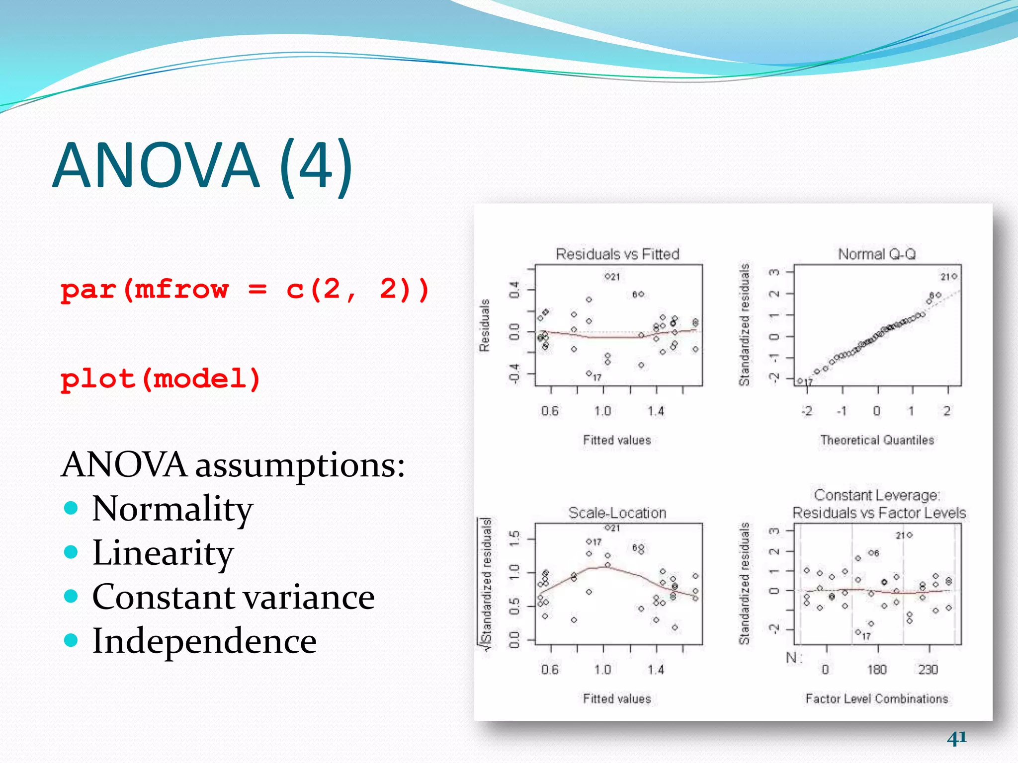 Correlation and Regression (12)  You can compare the fit of two nested models using the anova() function in the base installation. A nested model is one whose terms are completely included in the other model. fit1 <- lm (y ~ A + B + C) fit2 <- lm (y ~ A + C) anova(fit1, fit2)  If the test is not significant (i.e. p > 0.05), we conclude that B in this case don’t add to the linear prediction and we’re justified in dropping it from our model. 41 