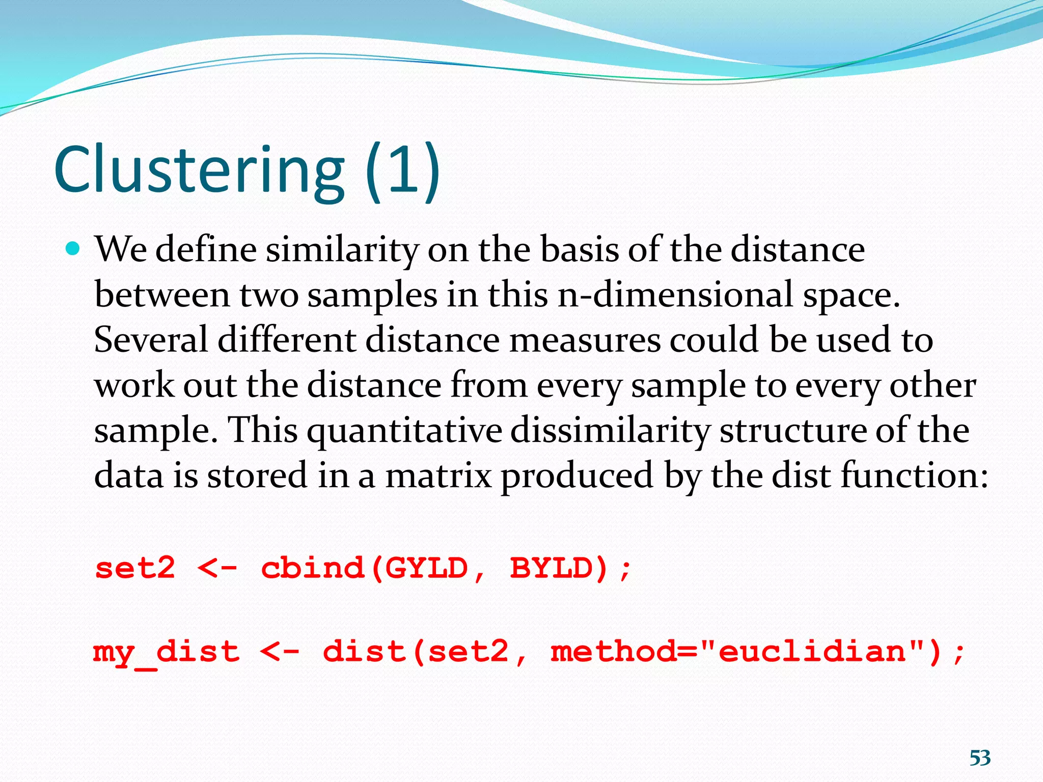 ANOVA (4) model <- aov(Yield ~ N * S) #CRD summary(model) Df Sum Sq Mean Sq F value Pr(>F) N 2 4.5818 2.2909 42.7469 1.230e-08 *** S 3 0.9798 0.3266 6.0944 0.003106 ** N:S 6 0.6517 0.1086 2.0268 0.101243 Residuals 24 1.2862 0.0536 --- Signif. codes: 0 ‘***’ 0.001 ‘**’ 0.01 ‘*’ 0.05 ‘.’ 0.1 ‘ ’ 1 53 